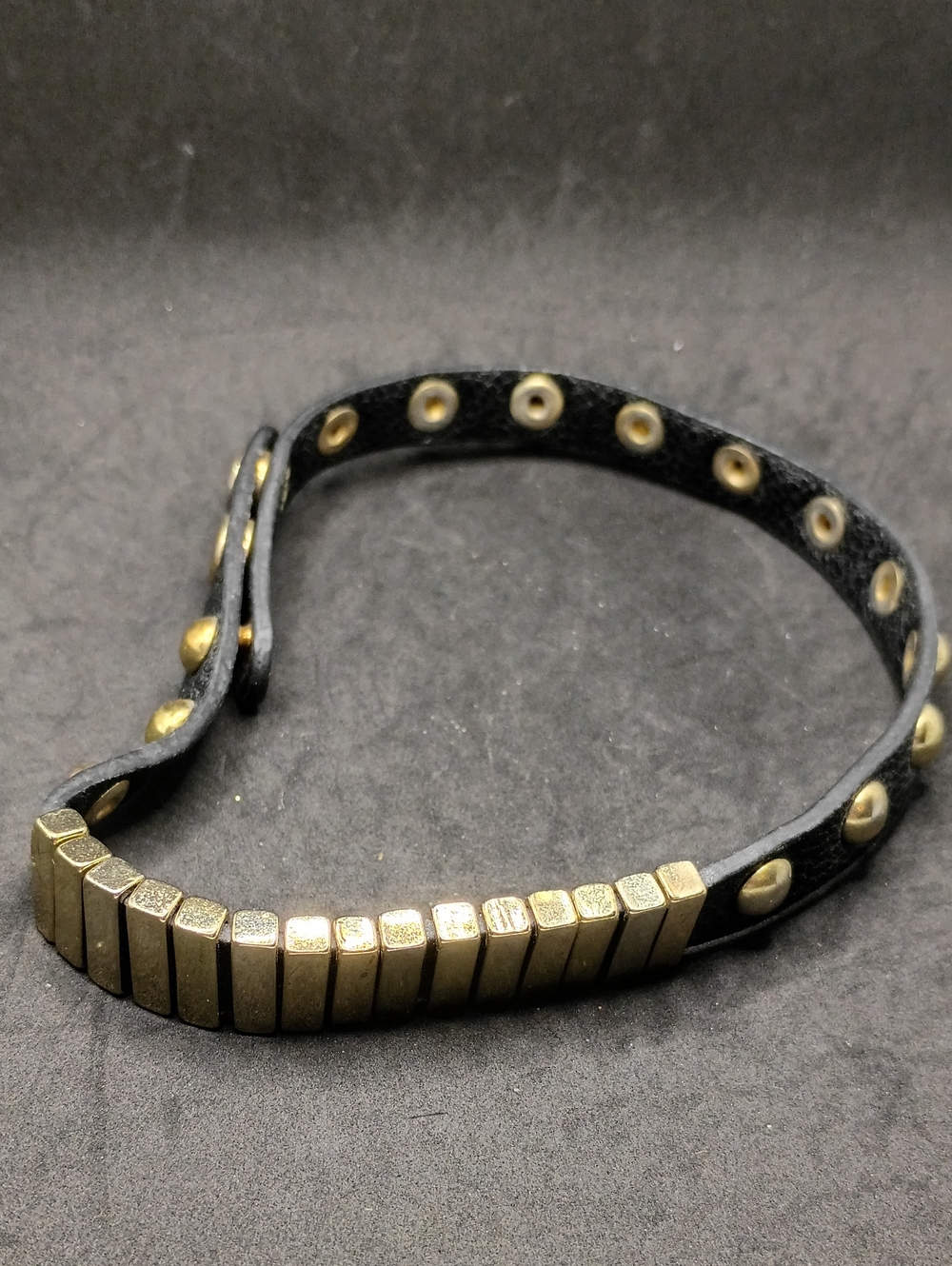 Black Leather Necklace with Gold-Tone Stud Accents
